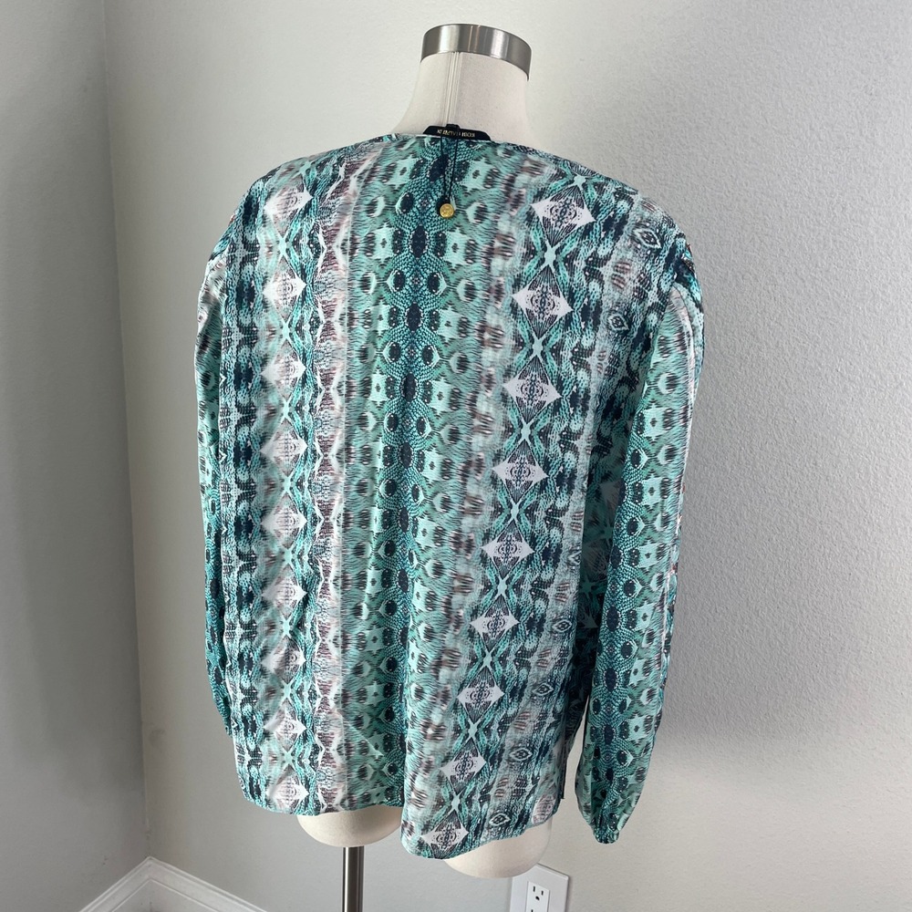Kobi Halperin Womens XL Teal Ikat‎ Snakeskin Print Blouse Front Neck Tie Shirt - Picture 9 of 10